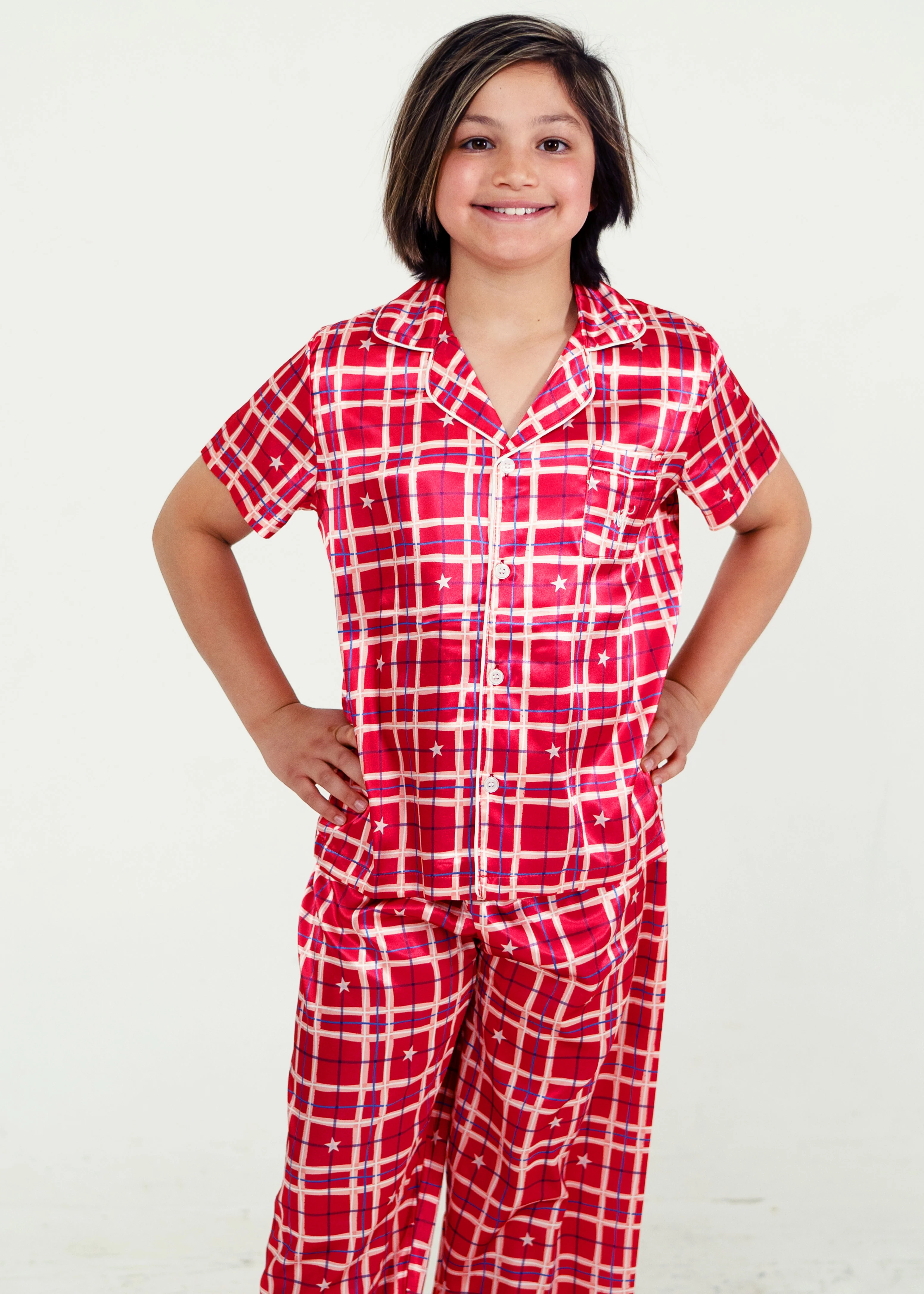 Boys Starry Tartan Red Satin Short Sleeve/Long Pants Pyjama Set - Image 3
