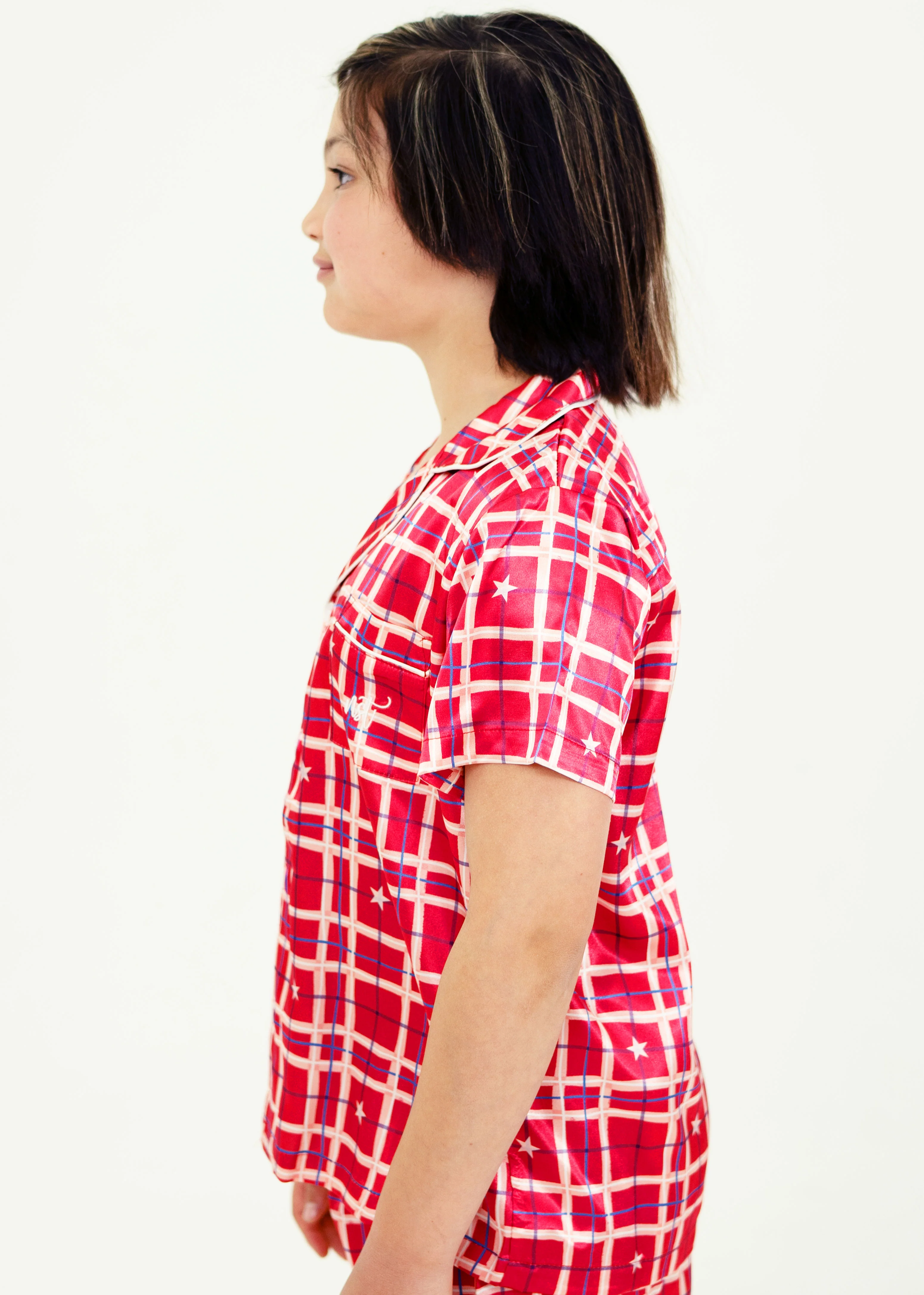 Boys Starry Tartan Red Satin Short Sleeve/Long Pants Pyjama Set - Image 4