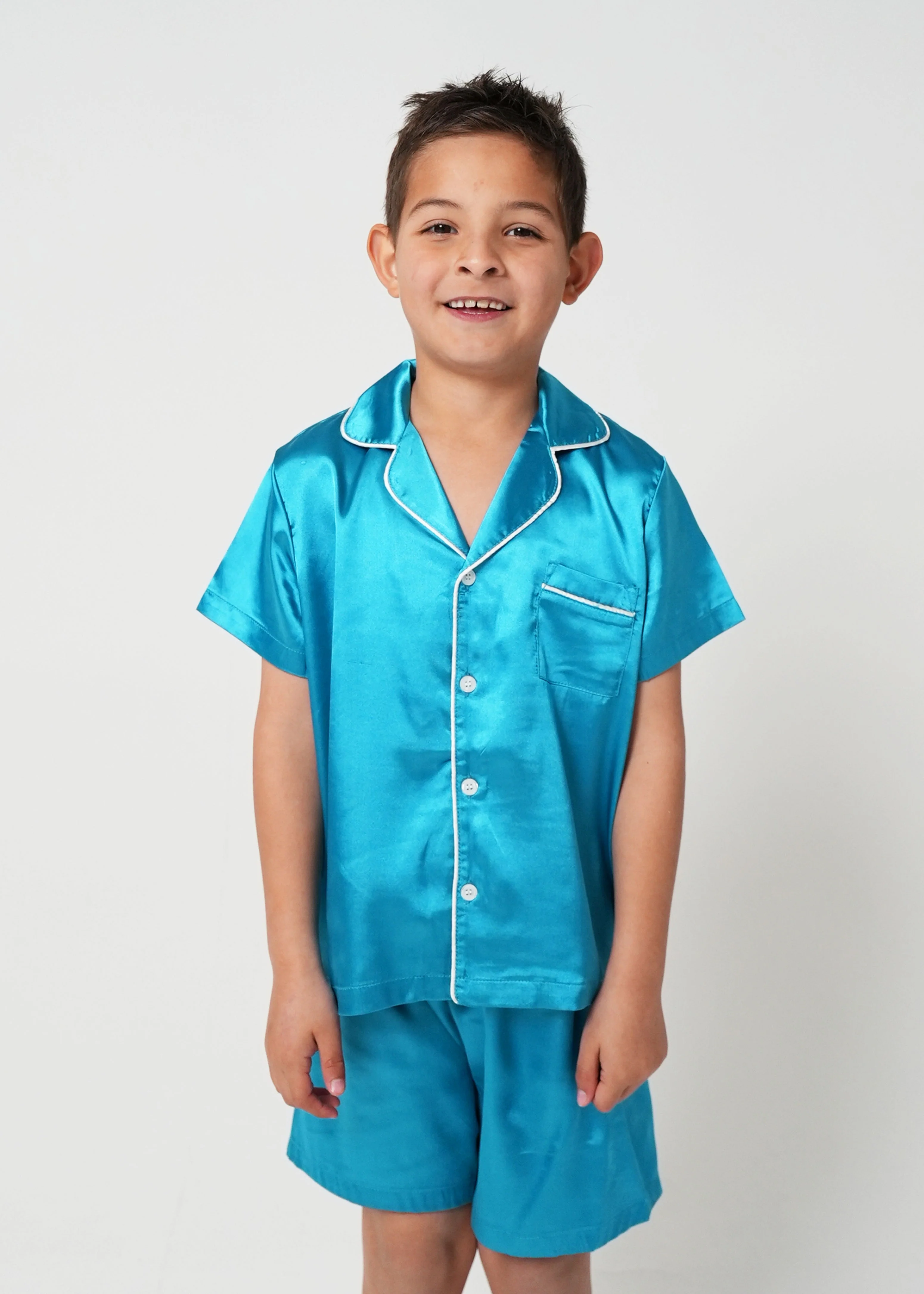 Boys Turquoise Satin Short Pajama Set - Image 4
