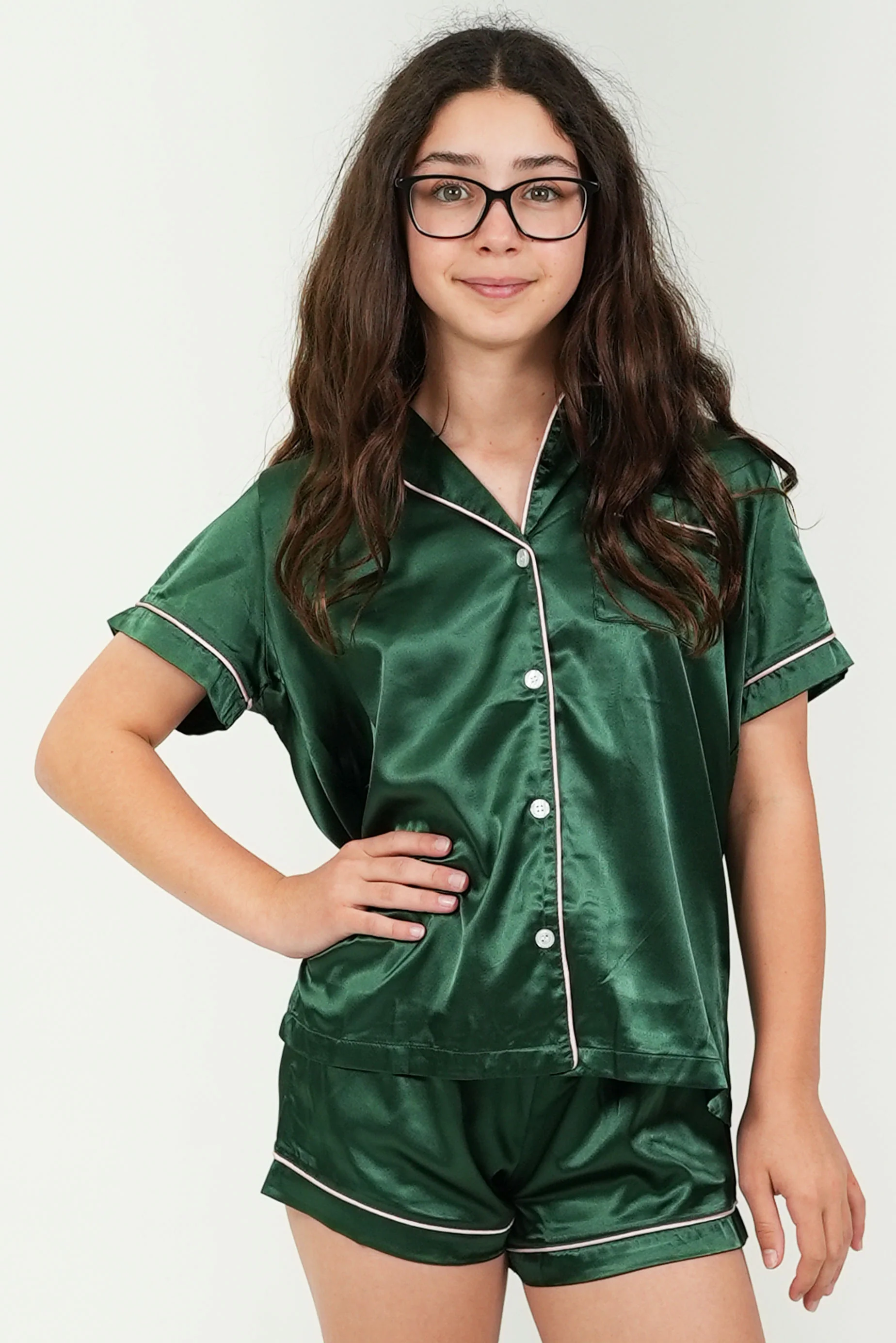 Girls Forest Green Satin Short Pajama Set