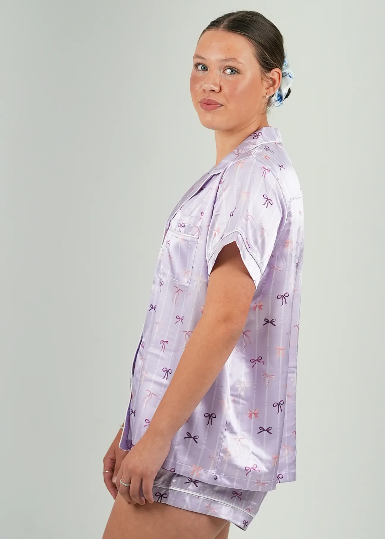 Lilac Ballet Bows Satin Short Pajama Set - Image 3