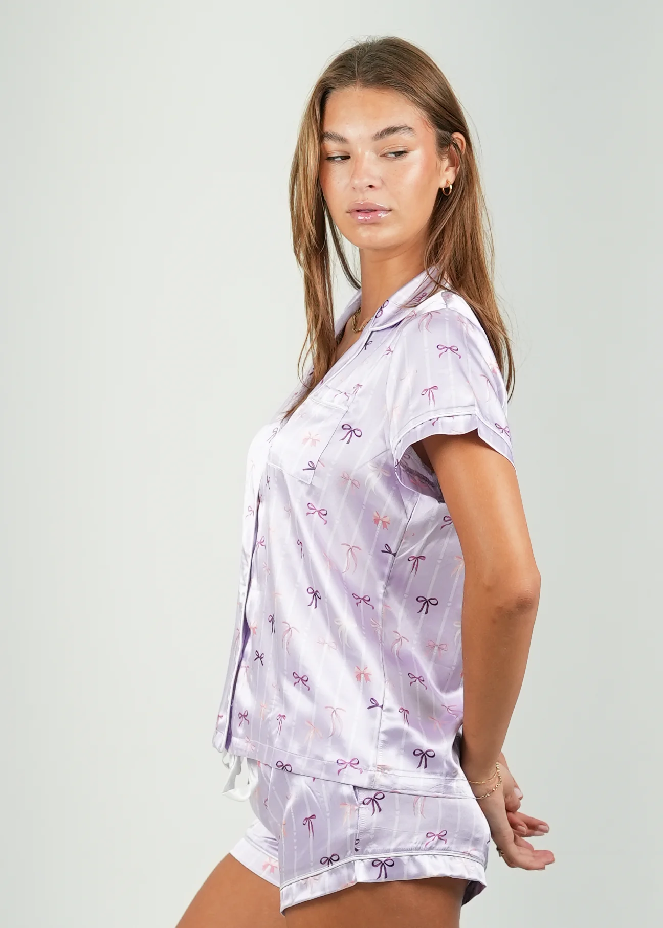 Lilac Ballet Bows Satin Short Pajama Set - Image 4