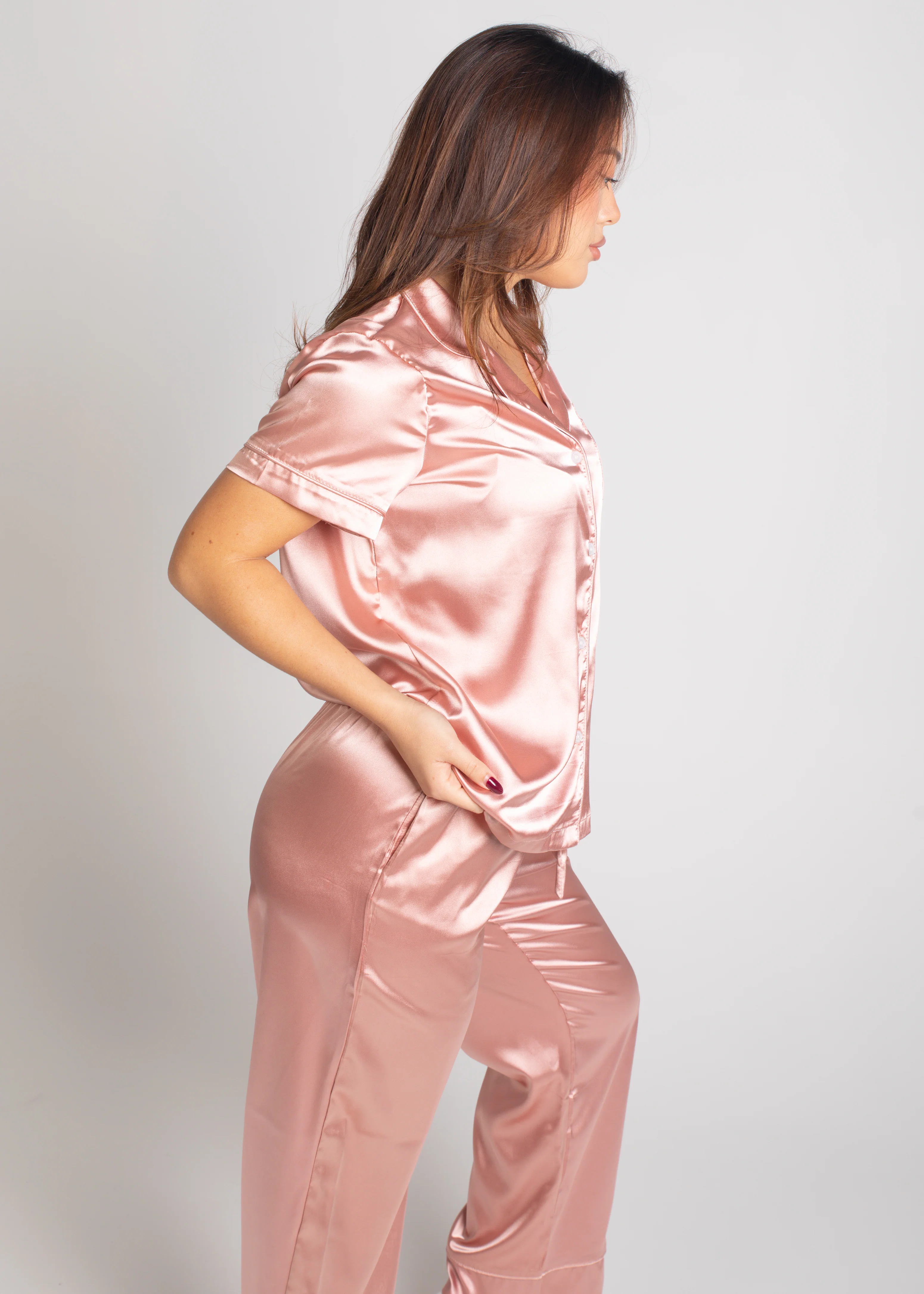 Rose Pink (With Rose Pink Piping) Satin Long Pajama Set - Image 5