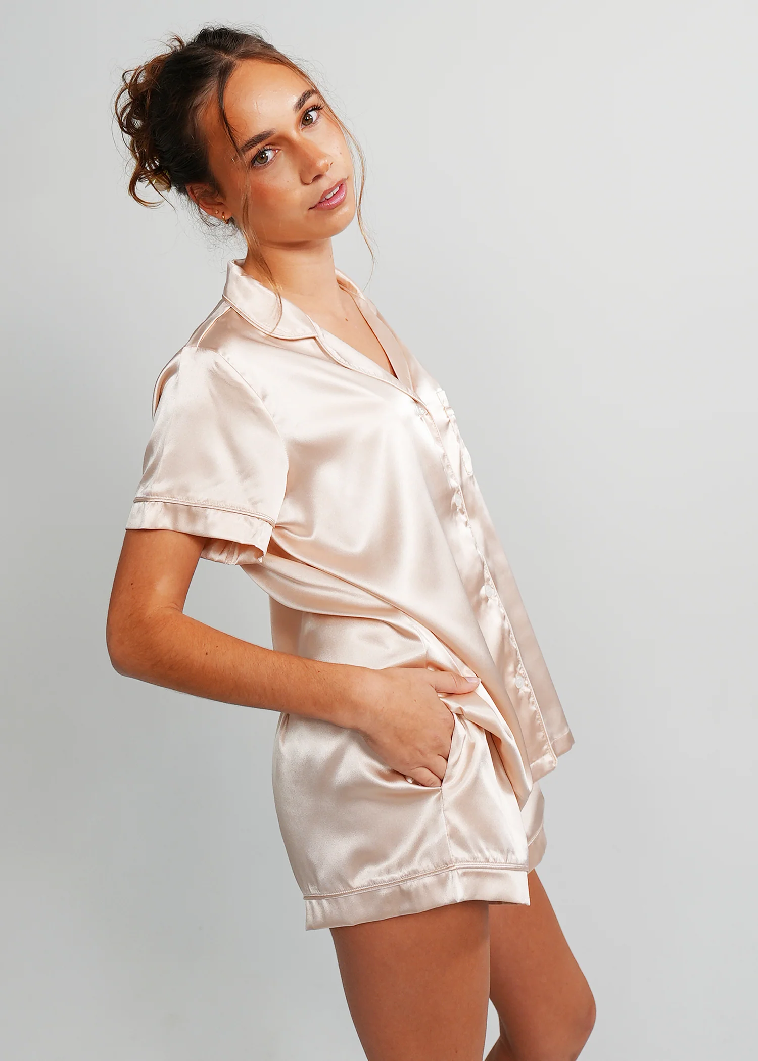 Womens Almond Latte Satin Short PJ Set - Image 5