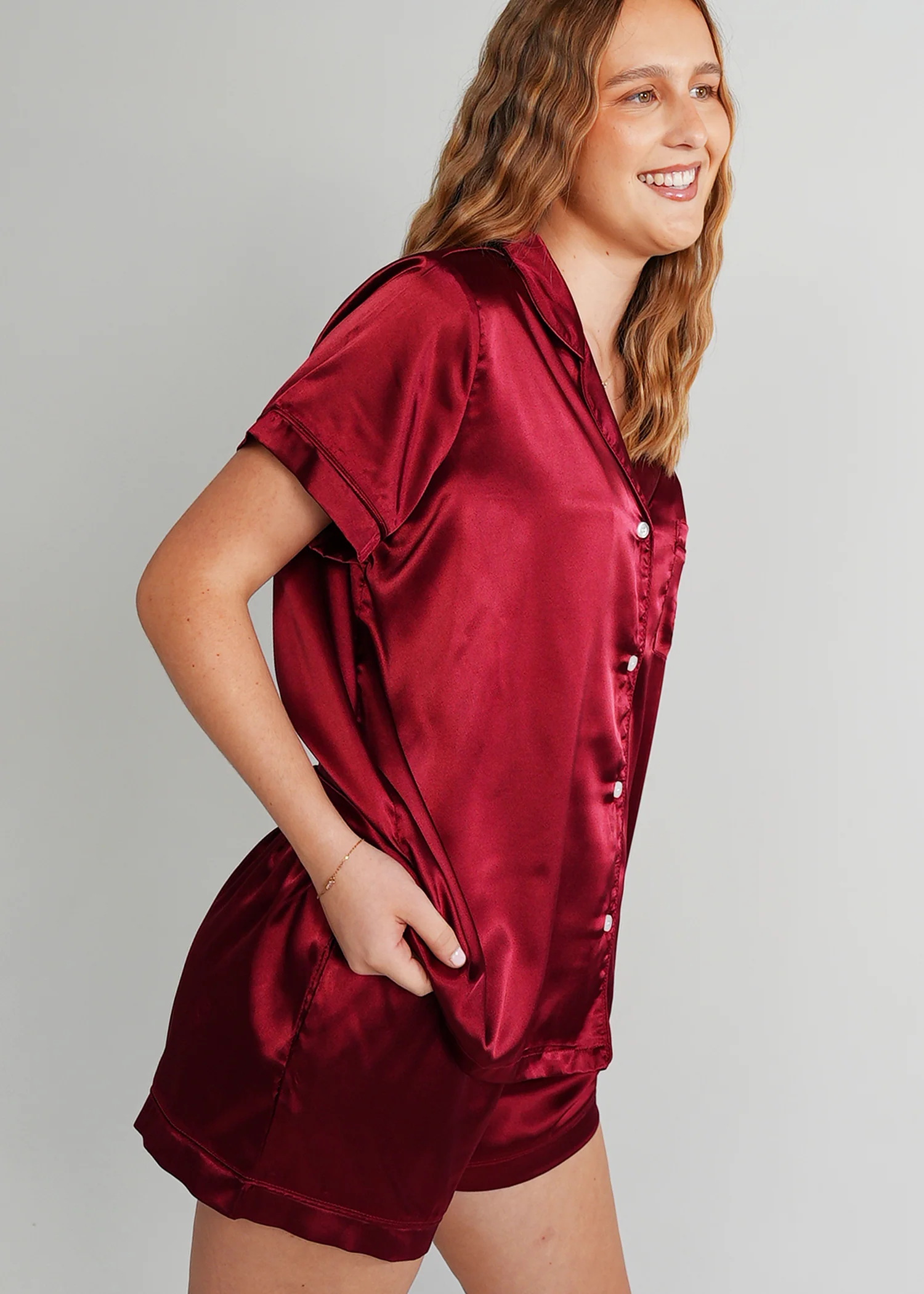 Womens Cherry Wine Satin Short PJ Set - Image 4