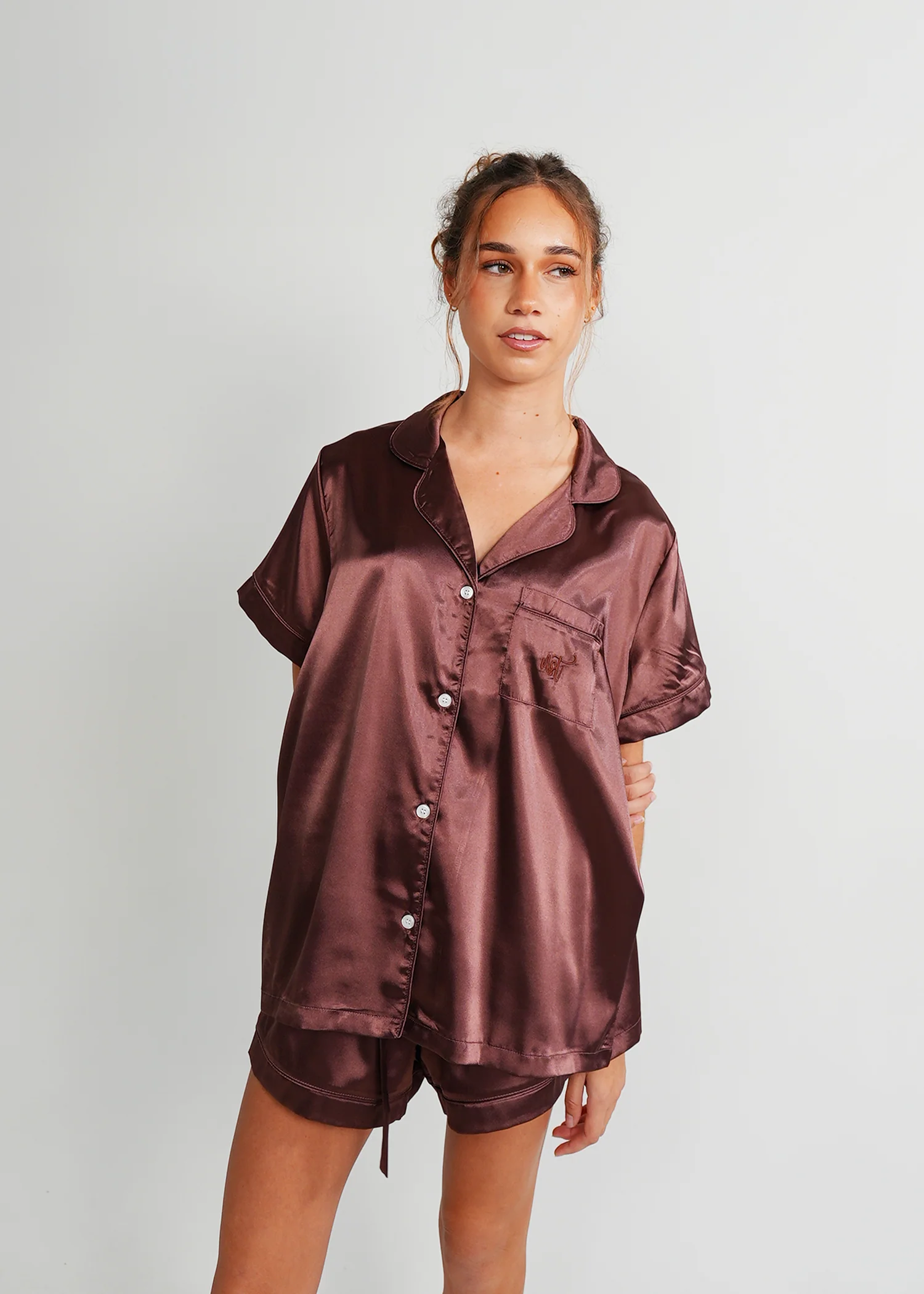 Womens Chocolate Satin Short PJ Set - Image 2