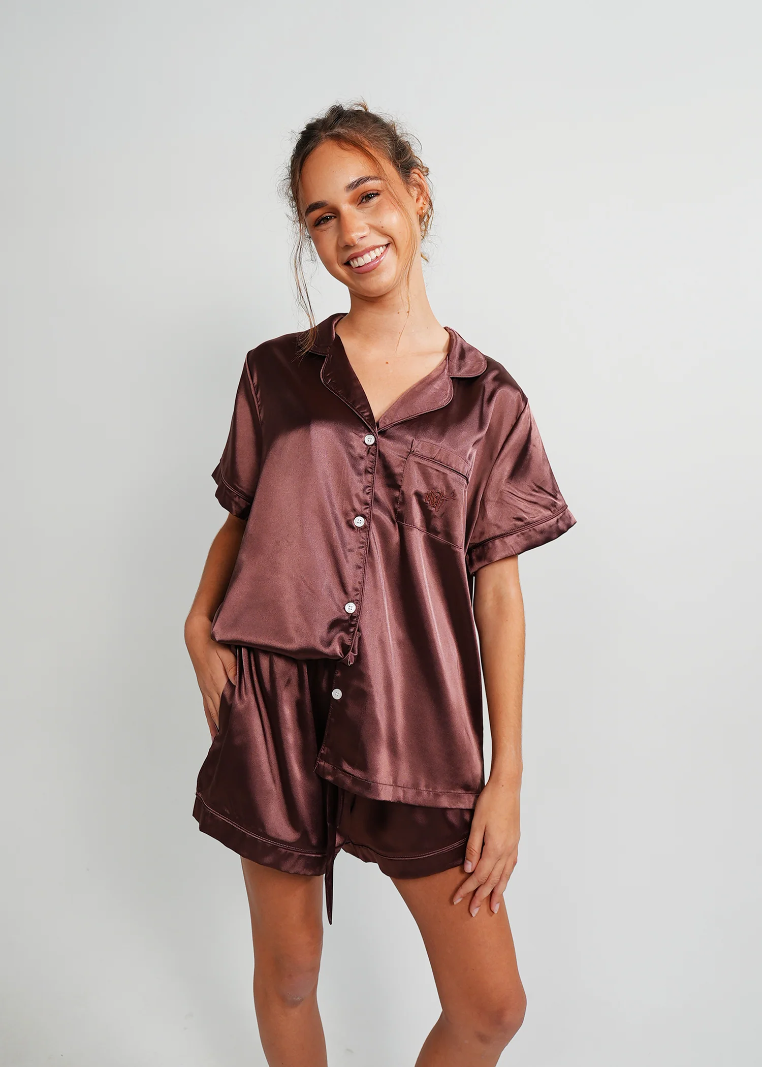 Womens Chocolate Satin Short PJ Set - Image 6