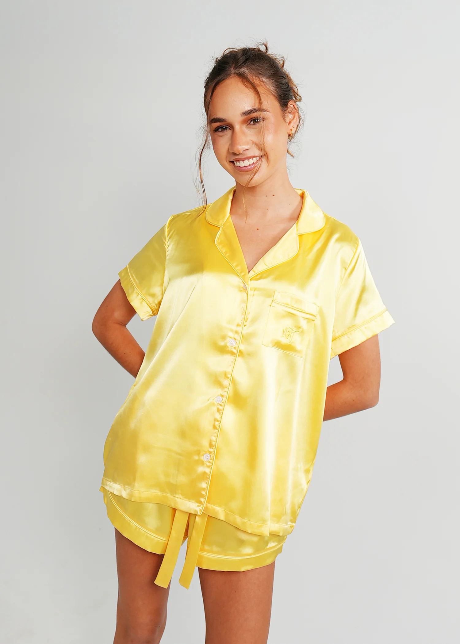 Womens Lemon Yellow Satin Short PJ Set - Image 2