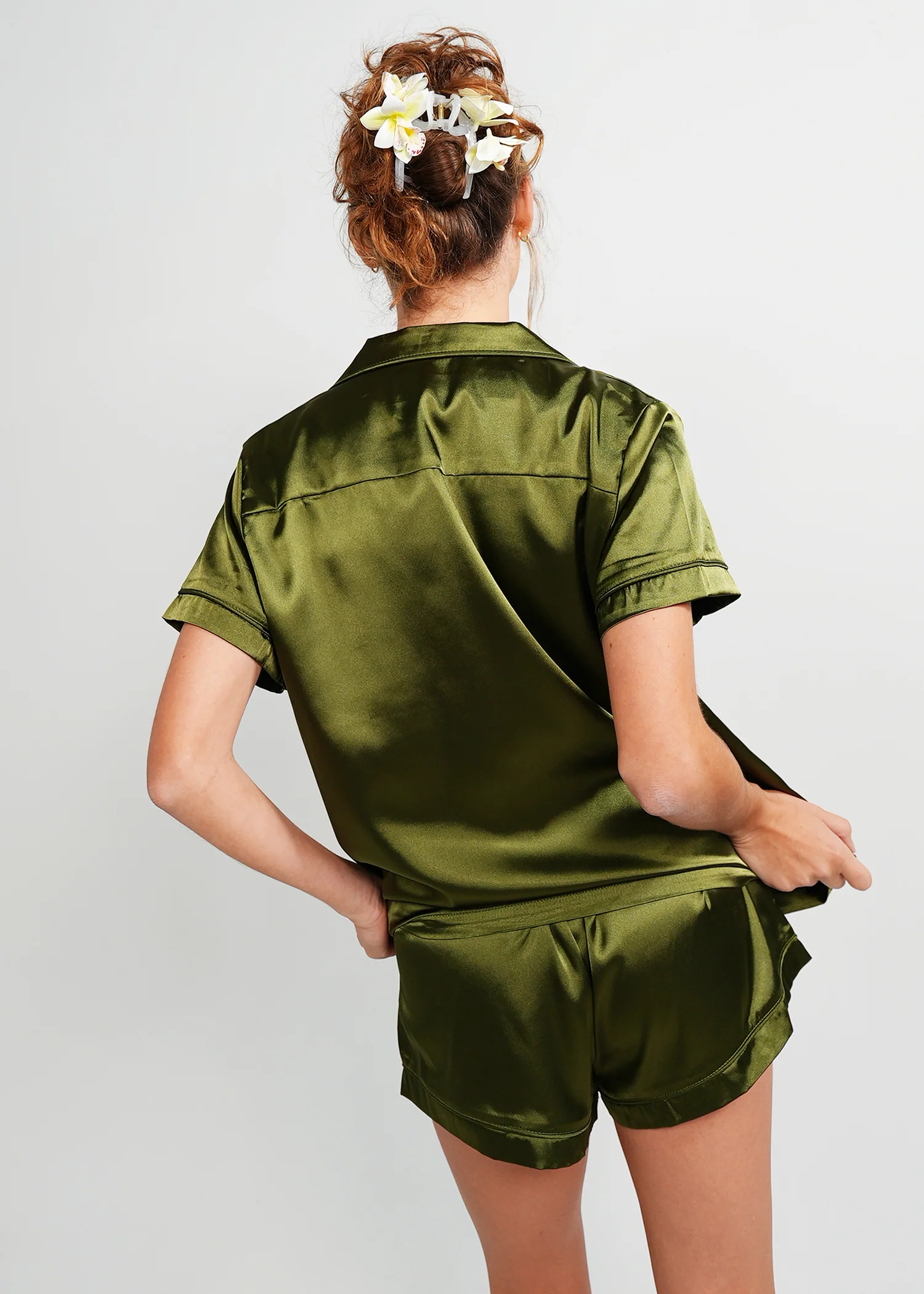 Womens Olive Green Satin Short PJ Set - Image 10