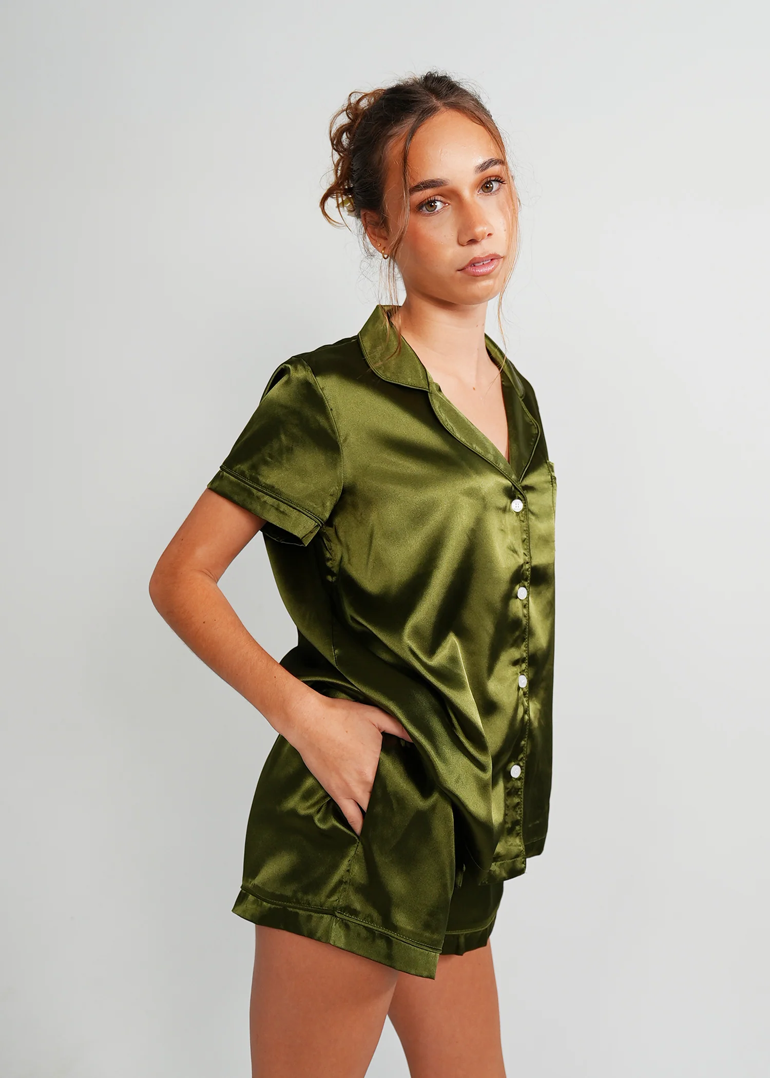 Womens Olive Green Satin Short PJ Set - Image 9