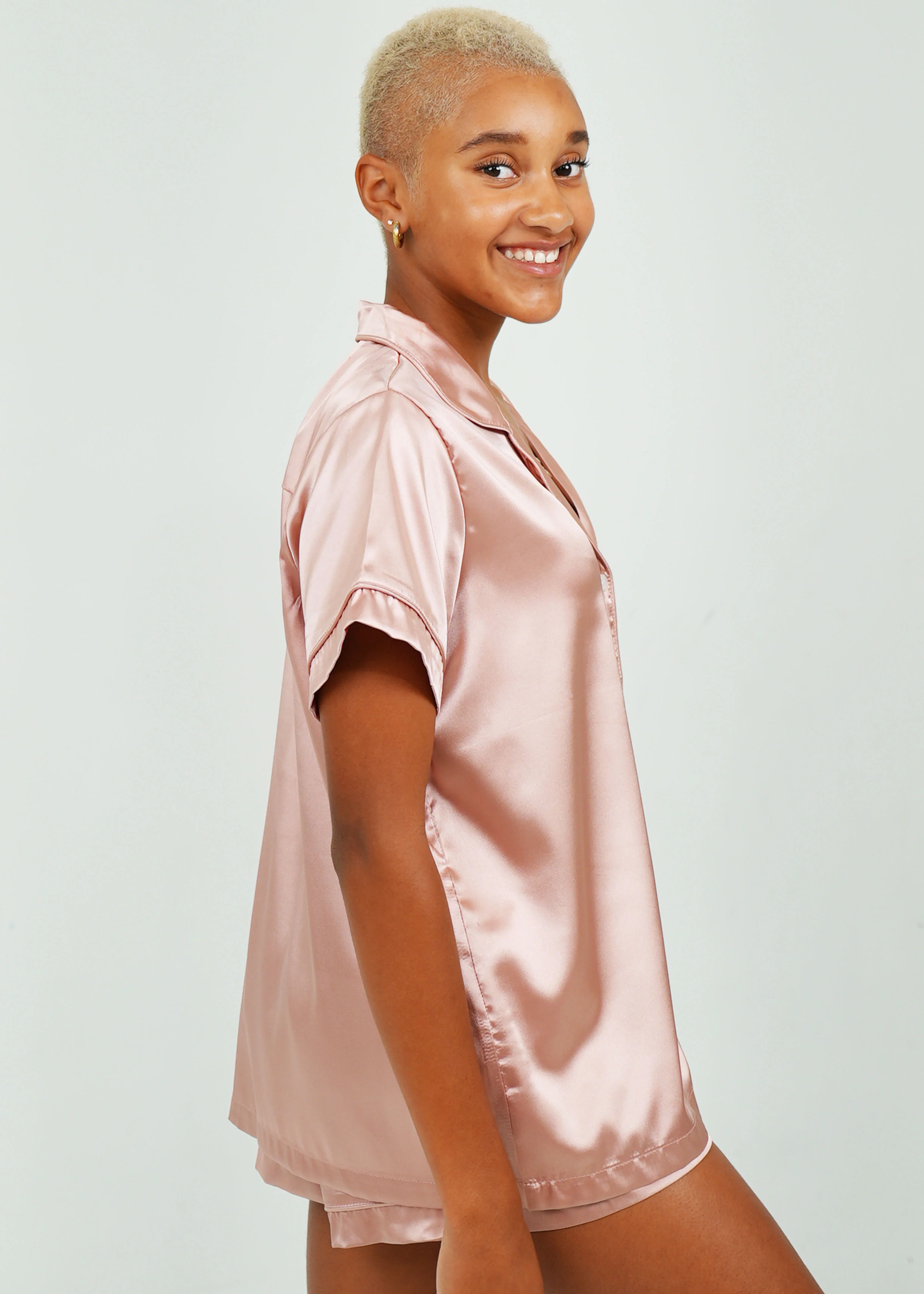 Womens Rose Pink (With Rose Pink Piping) Satin Short Pajama Set - Image 6
